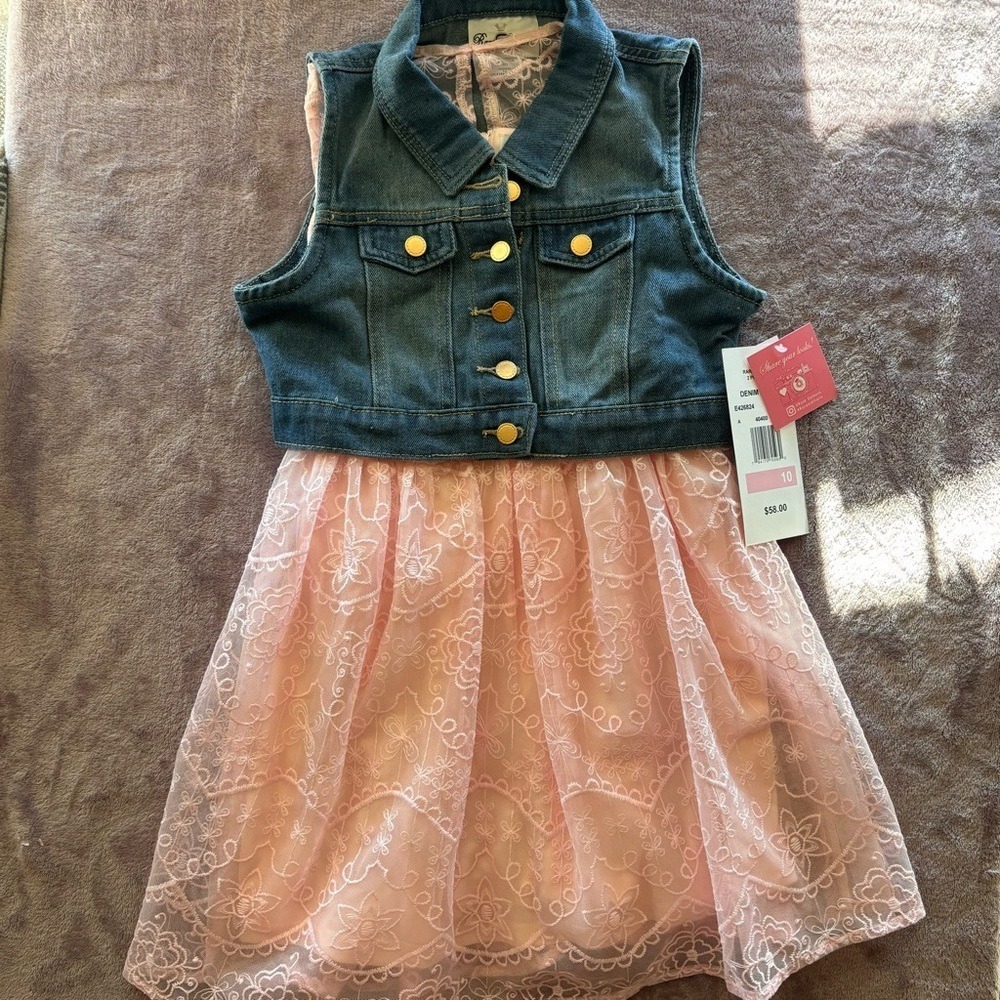 Rare Editions Girls Blush Pink Lace Dress and Denim Vest 2 Piece Set Size 10 NEW - Picture 2 of 9